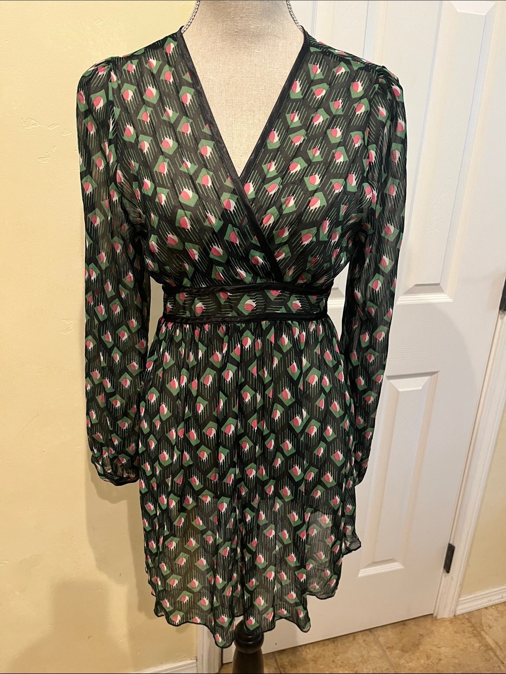 H&M Black Long-Sleeve Surplice Top Dress with Pink and Green Print